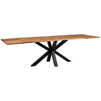 Table à manger extensible en bois massif avec bord naturel et pieds en métal, design moderne pour hôtel et entrepôt