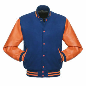 Chaqueta Bomber Universitaria de Lana Azul Rey Personalizada OEM con Mangas de Cuero Naranja Puro, Chaquetas para Hombre - Product Image 2