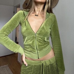 Sweat à capuche court et fermeture éclair pour femmes survêtements en velours survêtements décontractés deux pièces en velours vêtements pour femmes ensemble de 2 pièces en velours - Product Image 1