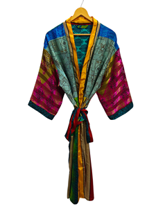 Túnica India Floral Seda Sari Kimono Vintage Sari Robe Suave Playa Fiesta Vestido Indio Hecho A Mano Seda Kimono - Product Image 2