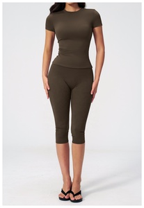 Custom Olive Green 2 Piece 2026 Yoga Set Halter <b>Crop</b> <b>Top</b> High Waist Knee Length Leggings Seamless Solid Color Activewear - Product Image 3