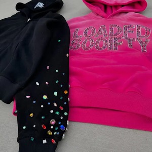 Unisex 2025 personalizado 450 Gsm 100% algodón Sudadera con capucha Rhinestone descarga impresa invierno de gran tamaño con capucha cuello lavado técnica sólida - Product Image 4