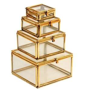 Set of 4 Classic Stylish Metal <b>Jewellery</b> Decorative <b>Glass</b> Storage <b>Box</b> Customized Shape Golden Metal Premium Look <b>Jewellery</b> <b>Box</b> - Product Image 1