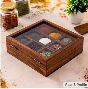 Handmade Eco-Friendly Acacia Wood Spice <b>Box</b> with 9 Compartments Glass Lid Durable Kitchen Storage Organizer for <b>Herbs</b> Spices - Product Image 2
