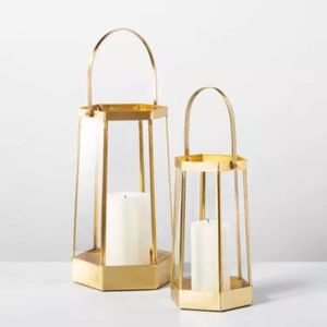 Creative Hexagonal <b>Brass</b> & Glass Metal <b>Lantern</b> Candle Holder Gold Finish Tabletop & Hanging Home Decor for Weddings & Events - Product Image 1