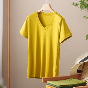 Camiseta básica de algodón para mujer, 100% algodón, manga corta, cuello en V, ajuste holgado, ecológico, negro, blanco, verano, moda informal - Product Image 5