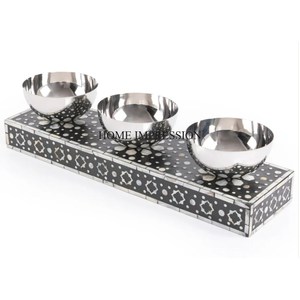 Juego de 2 cuencos de forma redonda de aluminio chapado en oro de alta calidad con cuchara y bandeja de mármol rectangular de proveedor indio - Product Image 4