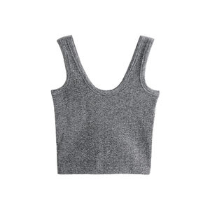 Camiseta sin mangas gris de punto acanalada para mujer con logotipo personalizado, camiseta sin mangas holgada con ribete acanalado y cuello redondo para mujer - Product Image 5