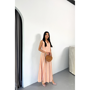 Ensemble veste et jupe longue en lin rayé pour femme en orange - Product Image 2