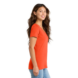 Camiseta con Cuello en V para Mujer, Logotipo Personalizado al por Mayor, Tela Suave, Estilo Casual Diario, Color Naranja, Proveedor de Fábrica de Ropa OEM - Product Image 4