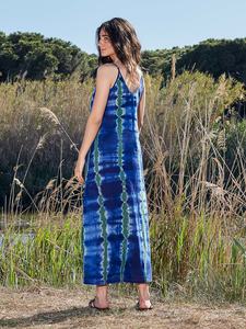 ชุดแมกซี่เดรสยาวมัดย้อมสำหรับผู้หญิงชุดเดรสชายหาดคอวีสไตล์ฮิปปี้โบฮีเมียน100% ธรรมชาติชุดเดรสแมกซี่สีน้ำเงิน - Product Image 3