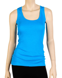Women's Blue Spandex/Polyester & 100% Cotton <b>Knitted</b> <b>Sleeveless</b> Tank <b>Top</b> Scoop Neck Solid Color Casual Sportswear High Quality - Product Image 1