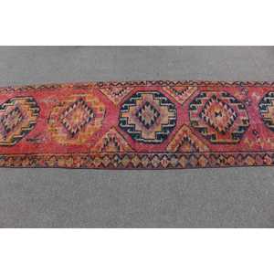 2.6x10.6 ft <b>Runner</b> Turkish Rug, <b>Red</b> Ikat Vintage Rug - Product Image 3
