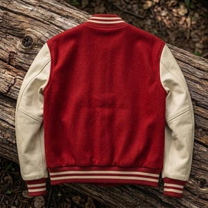 Custom <b>Red</b> Cream Leather Sleeve Jacket Vintage Bomber Letterman Streetwear Jacket OEM ODM Private Label Manufacturer USA - Product Image 2