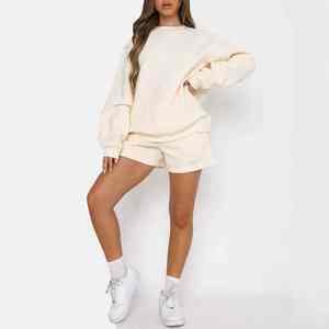 Conjunto de sudadera y pantalón corto informal de color sólido y manga larga con cuello redondo para mujer, venta al por mayor, 2025 - Product Image 2