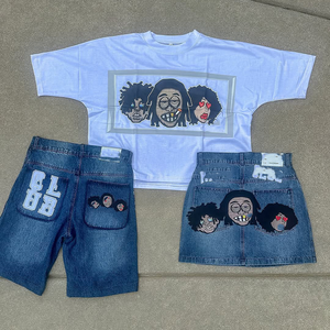 Meilleurs ensembles d'été pour hommes short en jean T-shirt à manches courtes de haute qualité Ensemble d'été vintage avec logo personnalisé Ensemble 2 pièces respirant pour hommes - Product Image 5