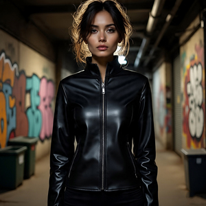 Chaqueta corta de cuero de estilo callejero OEM para mujer, abrigo de cuero PU con varios paneles, chaquetas de cuero de motorista cortas personalizadas para mujer - Product Image 4