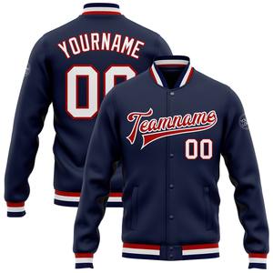 Vente en gros dans l'industrie directe de bombardiers décontractés hiver personnalisés bleu marine blanc-rouge veste Letterman universitaire à snap complet - Product Image 1