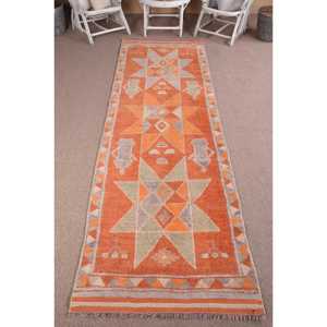 Turkish Vintage <b>Runner</b> <b>Rug</b> 3.37x11.3 ft, Orange Gray Geometric <b>Rug</b> - Product Image 1
