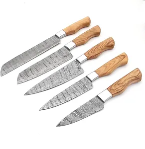 Özel el yapımı şam şef bıçaklar seti/mutfak bıçakları güzel zeytin ahşap kolu ile 5 adet Set