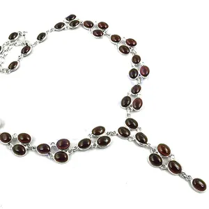 Collier Lariat en Argent 925 avec Grenat, Chaîne Classique pour Femme, Pierre Ovale Sertie en Bezel, Bijou Quotidien - Product Image 1