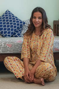 Elegante traje de noche estampado Floral a mano para mujer Alta demanda Verano Otoño Primavera Ropa de dormir de La India Uso diario - Product Image 4
