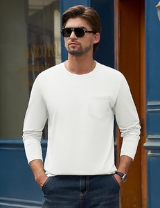T-shirt à manches longues en coton personnalisable pour hommes, séchage rapide, sensation de main douce, poche de poitrine durable, impression classique, grande taille devant - Product Image 1