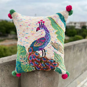 Trendy Patterns Beaded <b>Cushion</b> <b>Cover</b> Hand Embroidered Seed Bead Throw Pillow <b>Covers</b> Multicolor Cotton Fabric with Unique Design - Product Image 1