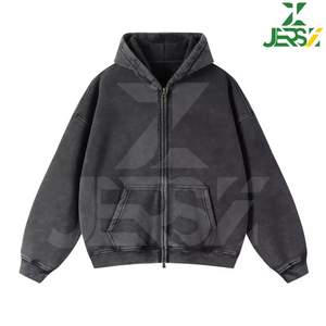 Sweat à capuche tricoté à fermeture éclair pour hommes manches longues hiver polaire française surdimensionnée 100% coton doublé lavage à l'acide grande taille personnalisable - Product Image 6