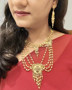 镀金迪拜风格珠宝传统多层金属串珠吊坠项链项链女式耳环套装