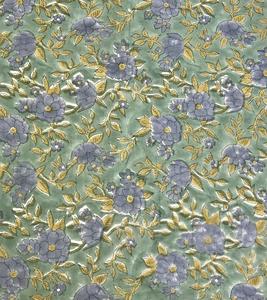 Tela con Estampado Floral Azul Vintage sobre Verde, Estilo Floral Botánico Indo-Europeo - Product Image 1