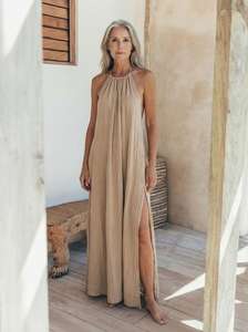 Sleeveless V-neck Bohemian Mini <b>Dress</b> High Slit Crinkle 100% Organic Cotton Floral Casual Vacation <b>Dress</b> for Women - Product Image 2