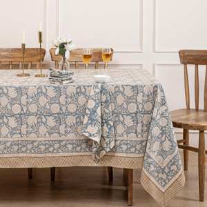 Mantel estampado de bloque de mano indio, manteles con estampado de bloque azul, mantel rectangular azul hasta el suelo, cubierta azul - Product Image 1