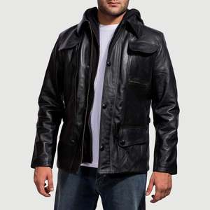 Blouson en cuir véritable Moulder à capuche noir, style motard décontracté avec fermeture éclair, tailles XS à 6XL, imperméable pour l'automne - Product Image 2