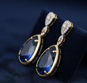 Boucles d'oreilles pendantes de luxe en argent sterling 925 plaqué or 18 carats avec pierres en forme de poire bleues hydro CZ, pour les fêtes, cadeau pour elle - Product Image 1