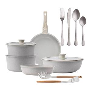 Set di pentole beige da 10 pezzi con manici rimovibili, 3 padelle, 2 casseruole, coperchi e utensili + 16 pezzi in acciaio inossidabile - Product Image 1