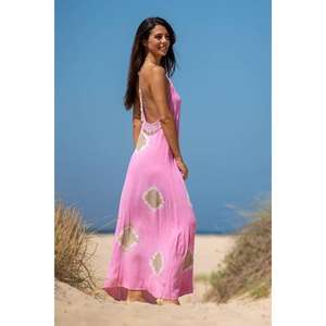 Vestido Largo de Verano para Mujer, Estilo Bohemio, Informal, para Vacaciones, con Tirantes Finos, Cintura Natural, Tie-Dye Rosa, 100% Algodón Ecológico - Product Image 3