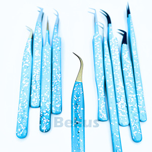 Pinzas para pestañas con Base azul multipurpurina, Punta dorada, agarre de silicona, herramienta de pestañas de acero sostenible, etiqueta personalizada para artistas de pestañas - Product Image 4