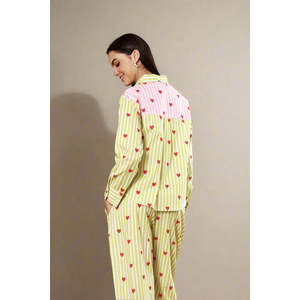 Conjunto de Pijama de Manga Larga con Estampado de Latidos de Corazón para Mujer, 100% Algodón, Color Rosa Menta, Popelina Transpirable, Cintura Elástica, ODM - Product Image 1