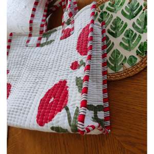 <b>Red</b> Poppy Handblock Tote Mini <b>Bag</b> Custom Design PU Open Closure Water Resistant Embroidery Letter Decoration Solid Color for All - Product Image 2