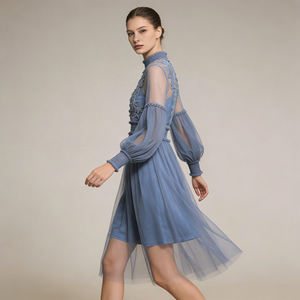 2026 Customizable Lavender Mesh Casual Women's V-Neck Half Sleeve Hollow Out Lace Spring A-Line Dress - Product Image 5