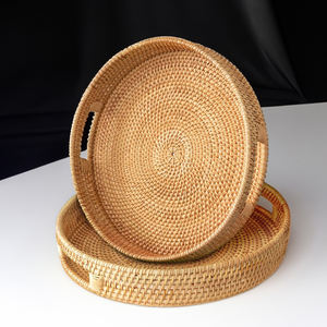 Vietnam Handmade Bamboo <b>Round</b> <b>Trays</b> Eco Friendly Elegant Deluxe Serving <b>Tray</b> with Decorative Rattan Details for Cafe Use-SR2023 - Product Image 2