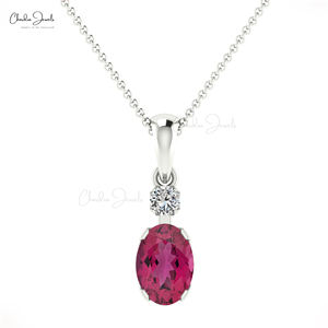 Elegante Colgante de Dos Piedras de Turmalina Rosa de Corte Ovalado de 7x5 mm, Oro Blanco Real de 14k con Detalles de Diamantes, Colgante para Mujer, Envío al Día Siguiente, Joyería - Product Image 1