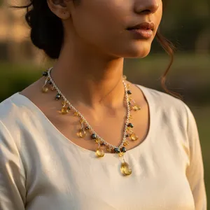 สร้อยคอห้อยประดับพลอยซิทรินสีเงินและมุกสำหรับผู้หญิง - Product Image 1