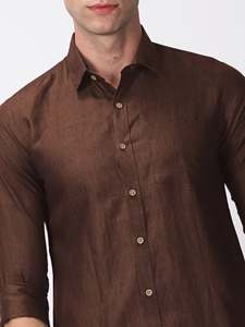 Camisa Casual de Lino/Algodón para Hombre, Manga Larga, Color MARRÓN, Cuello Clásico, Teñido Liso, Ecológica, Antiencogimiento, Secado Rápido, Verano - Product Image 4