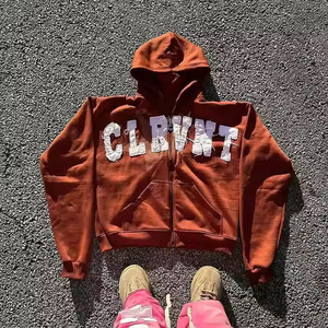 เสื้อฮู้ดดี้ทรงโอเวอร์ไซส์แบบซิป CustomLogo สำหรับผู้ชาย ลวดลายฟอกสีซีดแบบย้อนยุค พร้อมป้ายปะติดและงานปัก - Product Image 5