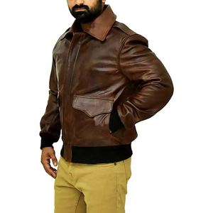 Men Shearling Aviator Pilot Bomber <b>Fur</b> Leather Jacket Long Sleeve Bomber Jacket - Product Image 3