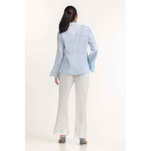 Blusa Tejida Retro Azul Cielo 231-217-072 de Algodón y Gasa con Cuello Solapa Talla XL Ajustada Corta Formal para Verano, Otoño y Primavera - Product Image 3