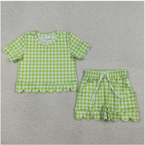 GSSO3189 Ensemble de shorts pour filles à carreaux verts avec bord festonné - Product Image 6