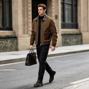 <b>Men's</b> Vintage Brown Faux <b>Suede</b> Bomber <b>Jacket</b> Contrast Pockets Ribbed Cuffs Zipper OEM Service - Product Image 5